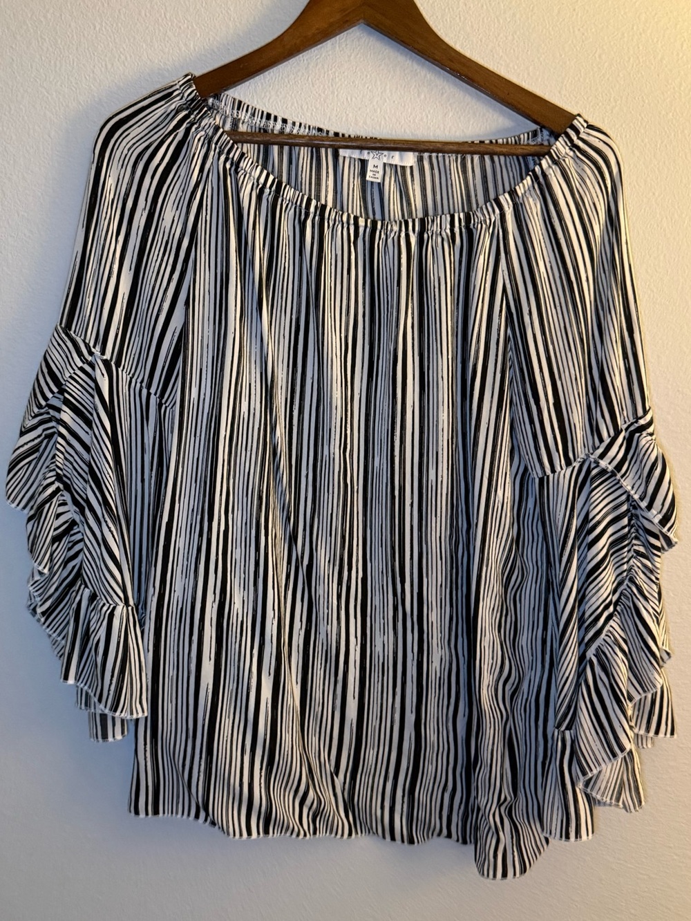 Fever Black and White Vertical Stripe Ruffle Sleeve Blouse